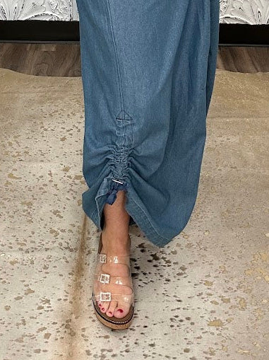 Chambray Wide Leg Button Front Jumpsuit