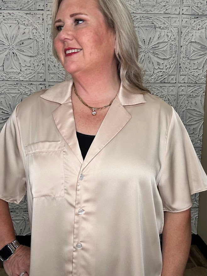Champagne Satin Short Sleeve Button Down Top