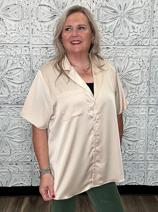 Champagne Satin Short Sleeve Button Down Top