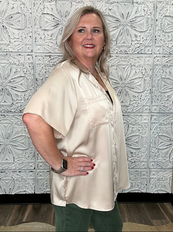 Champagne Satin Short Sleeve Button Down Top