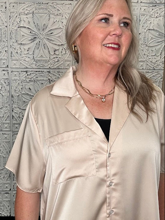 Champagne Satin Short Sleeve Button Down Top