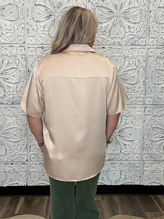Champagne Satin Short Sleeve Button Down Top