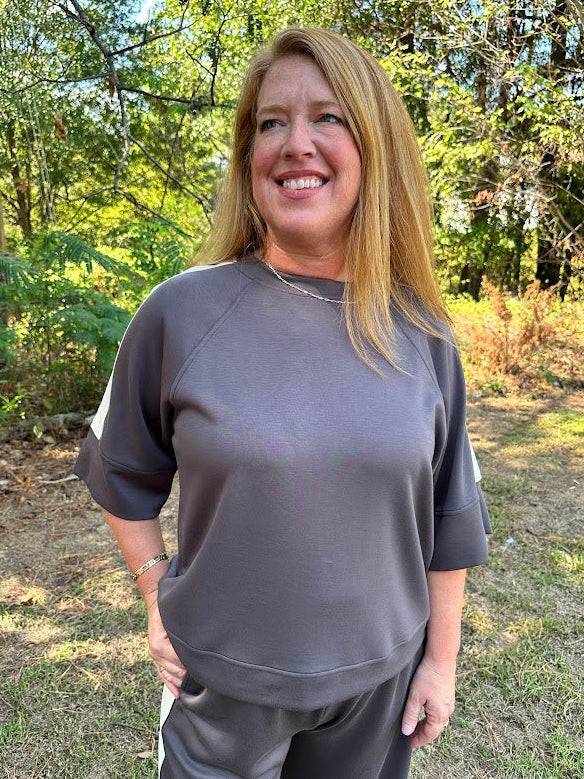Charcoal Scuba Knit Side Stripe Top