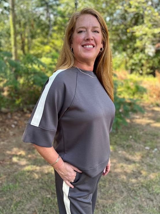 Charcoal Scuba Knit Side Stripe Top