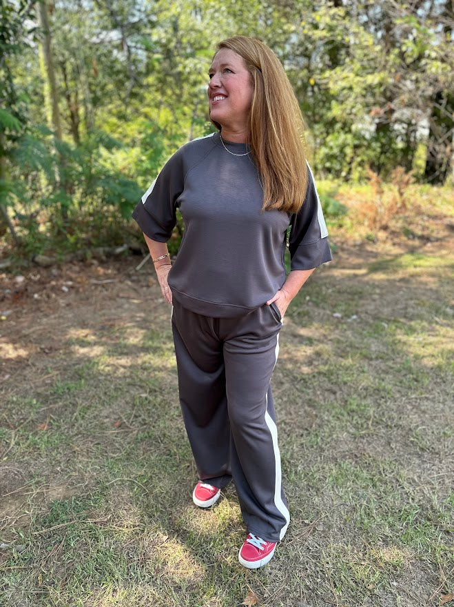 Charcoal Scuba Knit Side Stripe Top