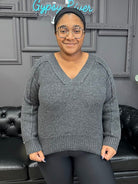 v-neck sweater, charcoal sweater, ribbed knit sweater, cozy fall sweater, casual pullover, boutique knitwear, women’s sweaters, relaxed fit top, soft knit pullover, everyday fall outfit