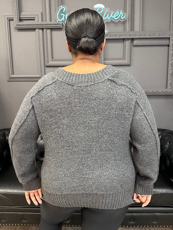 v-neck sweater, charcoal sweater, ribbed knit sweater, cozy fall sweater, casual pullover, boutique knitwear, women’s sweaters, relaxed fit top, soft knit pullover, everyday fall outfit