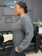 v-neck sweater, charcoal sweater, ribbed knit sweater, cozy fall sweater, casual pullover, boutique knitwear, women’s sweaters, relaxed fit top, soft knit pullover, everyday fall outfit