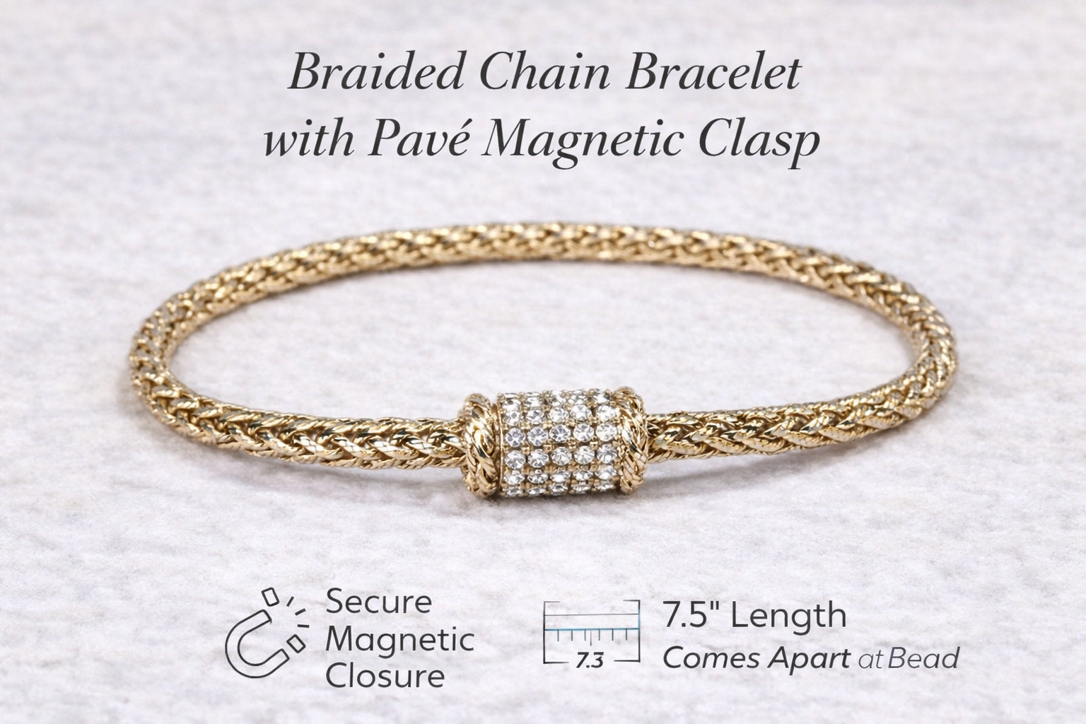 braided bracelet, magnetic clasp bracelet, pavé bead bracelet, gold chain bracelet, 7.5 inch bracelet, easy closure jewelry