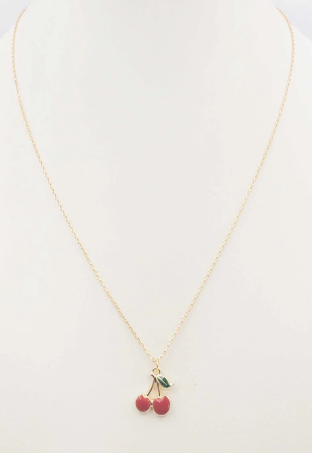 Necklace with cherry pendant on a white background
