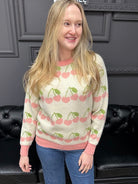 Valentine sweater, cherry sweater, heart pattern sweater, women’s novelty sweater, cute Valentine top, boutique sweaters, Gypsy River Apparel