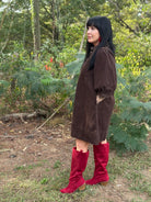 Chocolate Brown Corduroy Ruffle Collar Mini Dress
