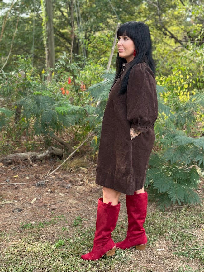 Chocolate Brown Corduroy Ruffle Collar Mini Dress