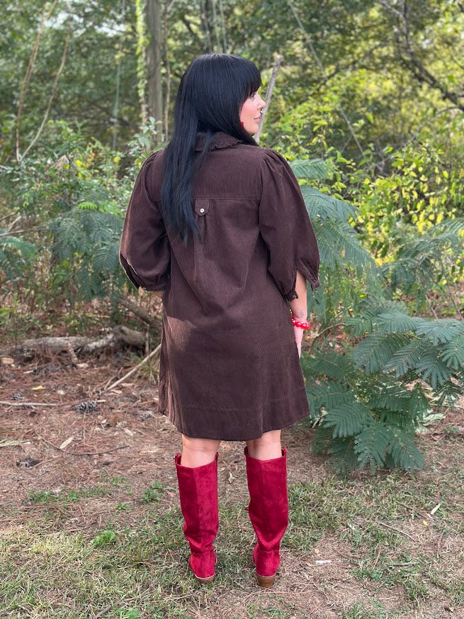 Chocolate Brown Corduroy Ruffle Collar Mini Dress