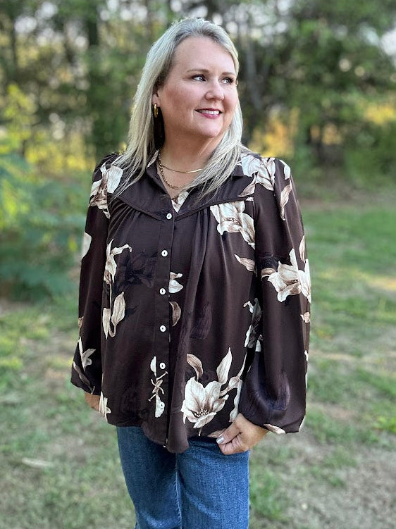 Chocolate Floral Western Collared Button-Up Blouse