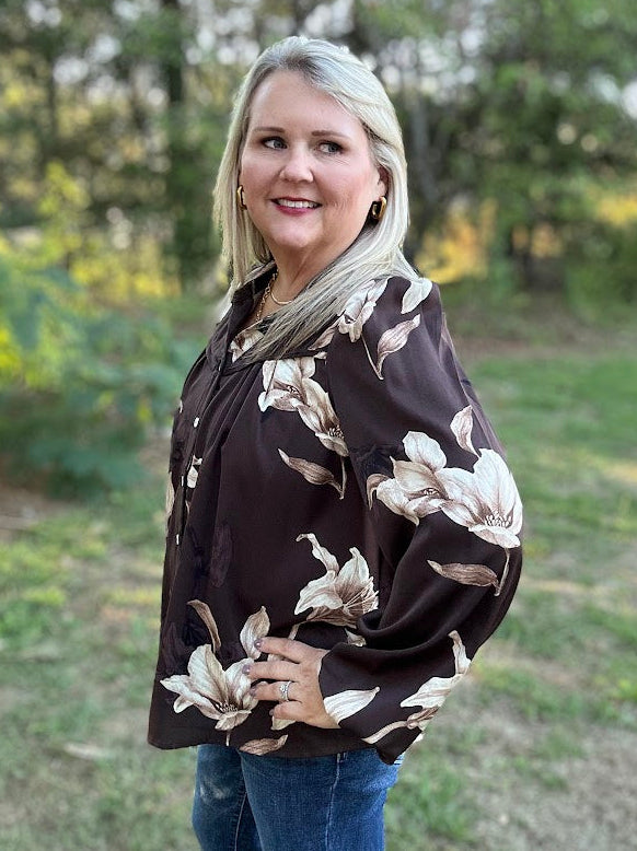 Chocolate Floral Western Collared Button-Up Blouse