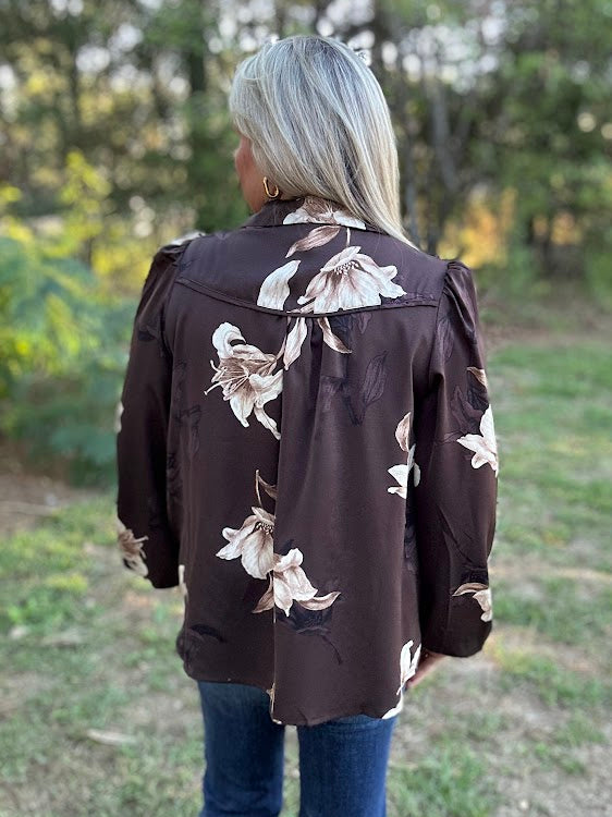 Chocolate Floral Western Collared Button-Up Blouse