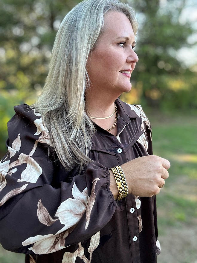 Chocolate Floral Western Collared Button-Up Blouse