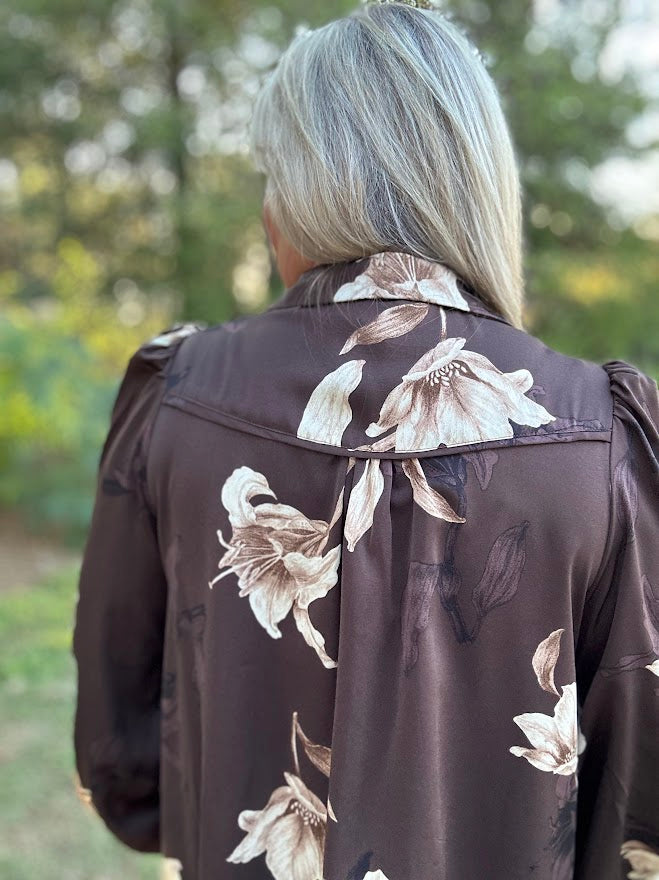 Chocolate Floral Western Collared Button-Up Blouse