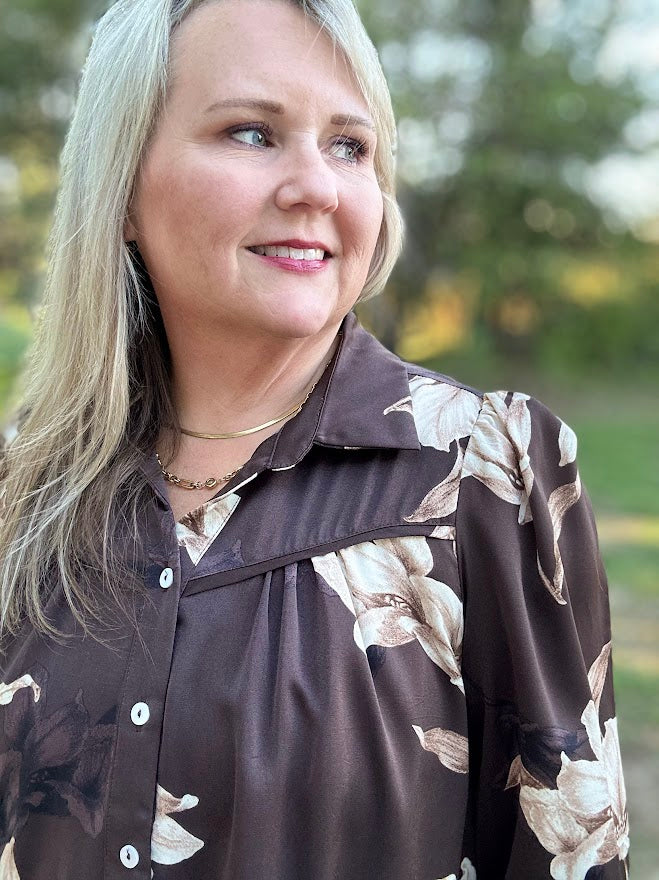 Chocolate Floral Western Collared Button-Up Blouse