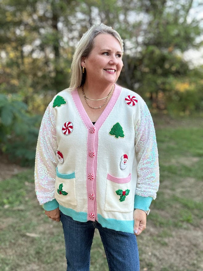 Christmas Applique Sequin Sleeve Button-Down Cardigan