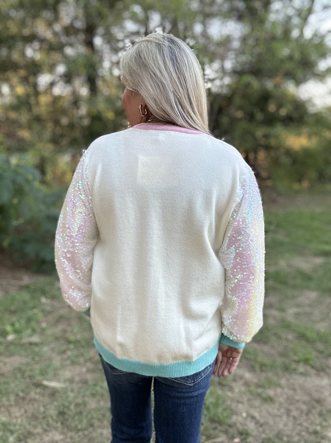 Christmas Applique Sequin Sleeve Button-Down Cardigan