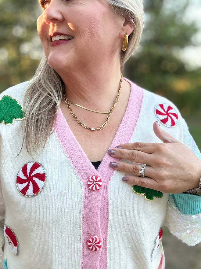 Christmas Applique Sequin Sleeve Button-Down Cardigan