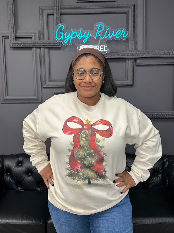 Christmas sweatshirt, holiday pullover, vintage Christmas tree shirt, red bow sweatshirt, festive top, cozy holiday outfit, Christmas graphic top, boutique Christmas sweatshirt, winter casual wear, women’s holiday fashion