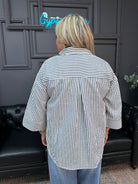 striped blouse, women’s button-down top, wide cuff shirt, lightweight work top, casual office blouse, versatile stripe shirt, Gypsy River Apparel