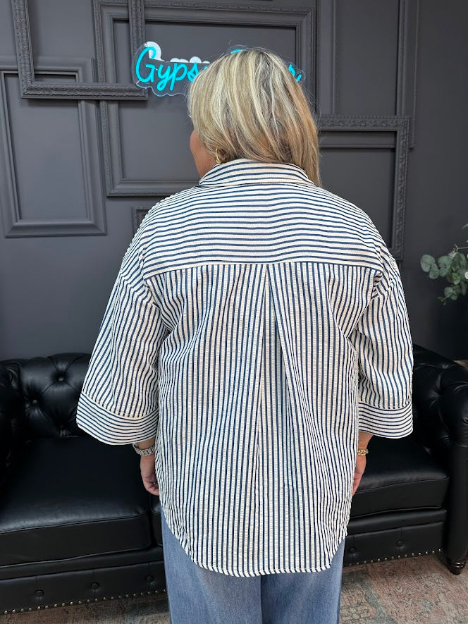 striped blouse, women’s button-down top, wide cuff shirt, lightweight work top, casual office blouse, versatile stripe shirt, Gypsy River Apparel