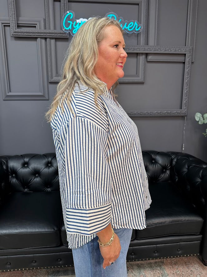 striped blouse, women’s button-down top, wide cuff shirt, lightweight work top, casual office blouse, versatile stripe shirt, Gypsy River Apparel