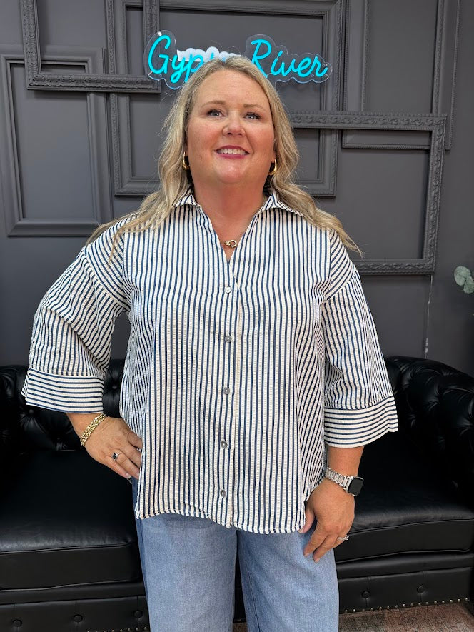 striped blouse, women’s button-down top, wide cuff shirt, lightweight work top, casual office blouse, versatile stripe shirt, Gypsy River Apparel