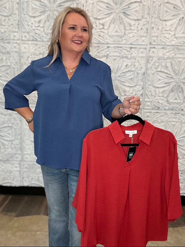 Collared V-Neck 3/4 Sleeve Blouse