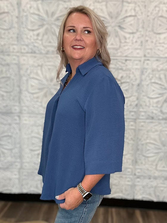 Collared V-Neck 3/4 Sleeve Blouse