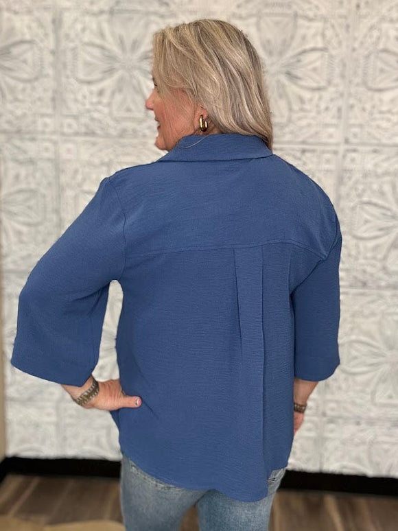 Collared V-Neck 3/4 Sleeve Blouse