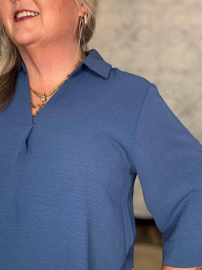 Collared V-Neck 3/4 Sleeve Blouse
