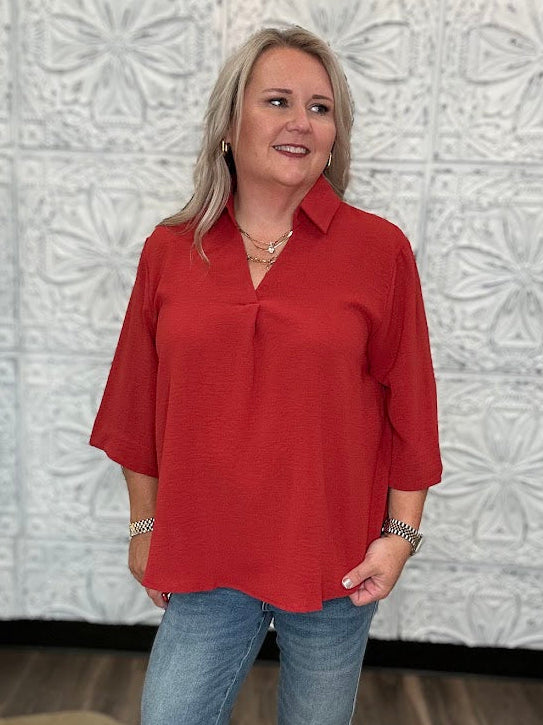 Collared V-Neck 3/4 Sleeve Blouse