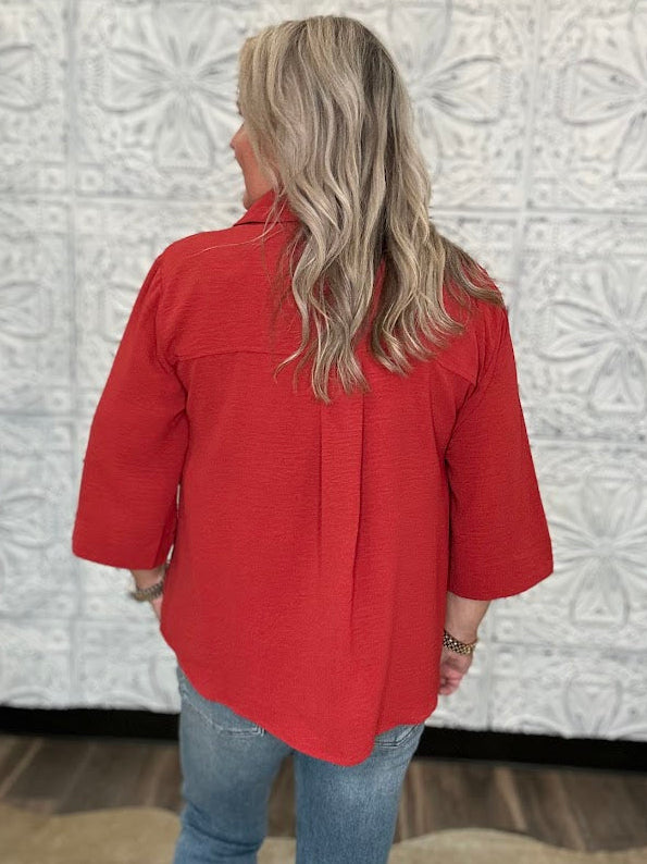 Collared V-Neck 3/4 Sleeve Blouse
