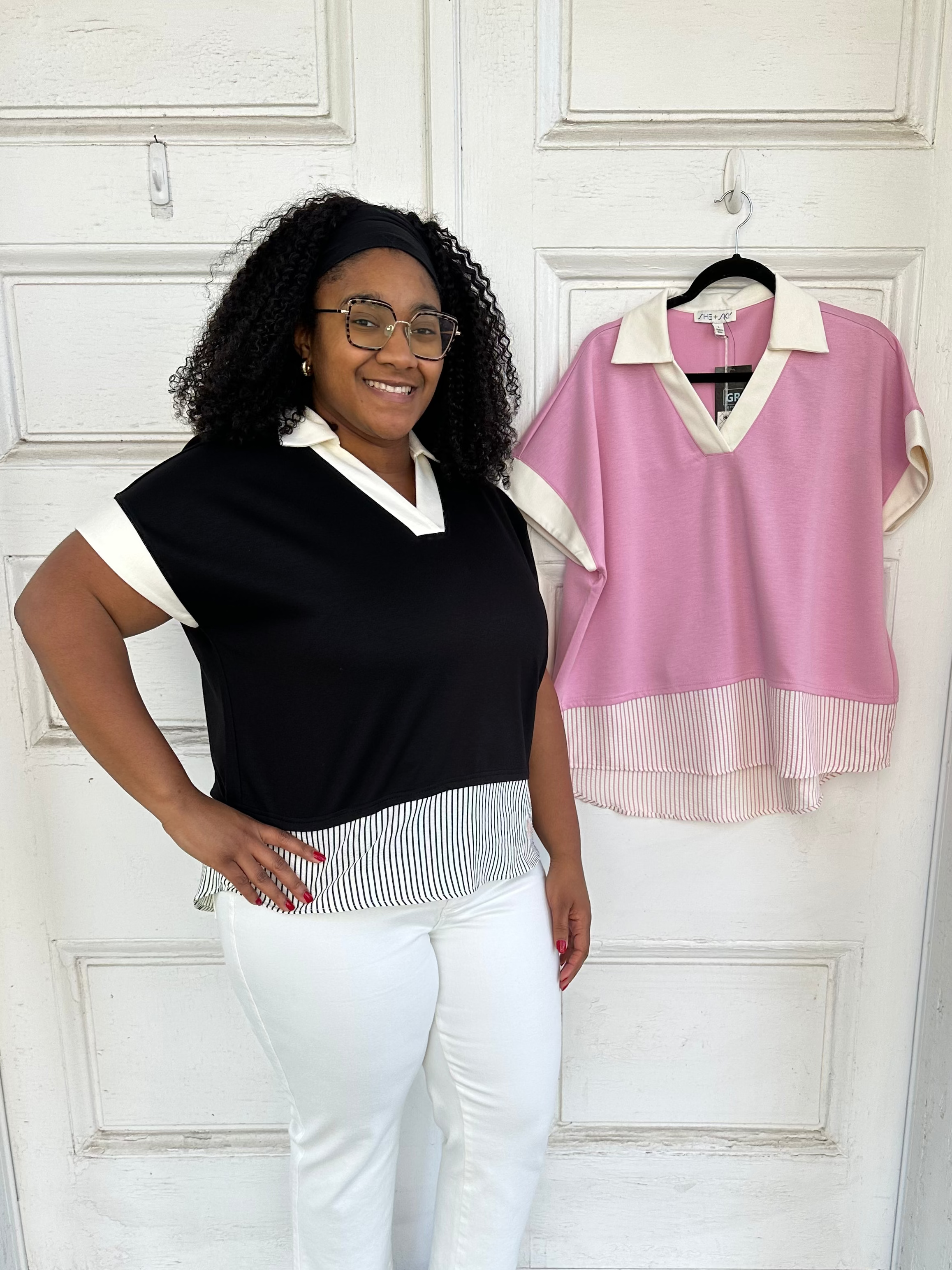 pink or black contrast top, drop shoulder blouse, striped hem top, casual chic blouse, relaxed fit top, boutique everyday top, black contrast blouse