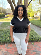 pink or black contrast top, drop shoulder blouse, striped hem top, casual chic blouse, relaxed fit top, boutique everyday top, black contrast blouse