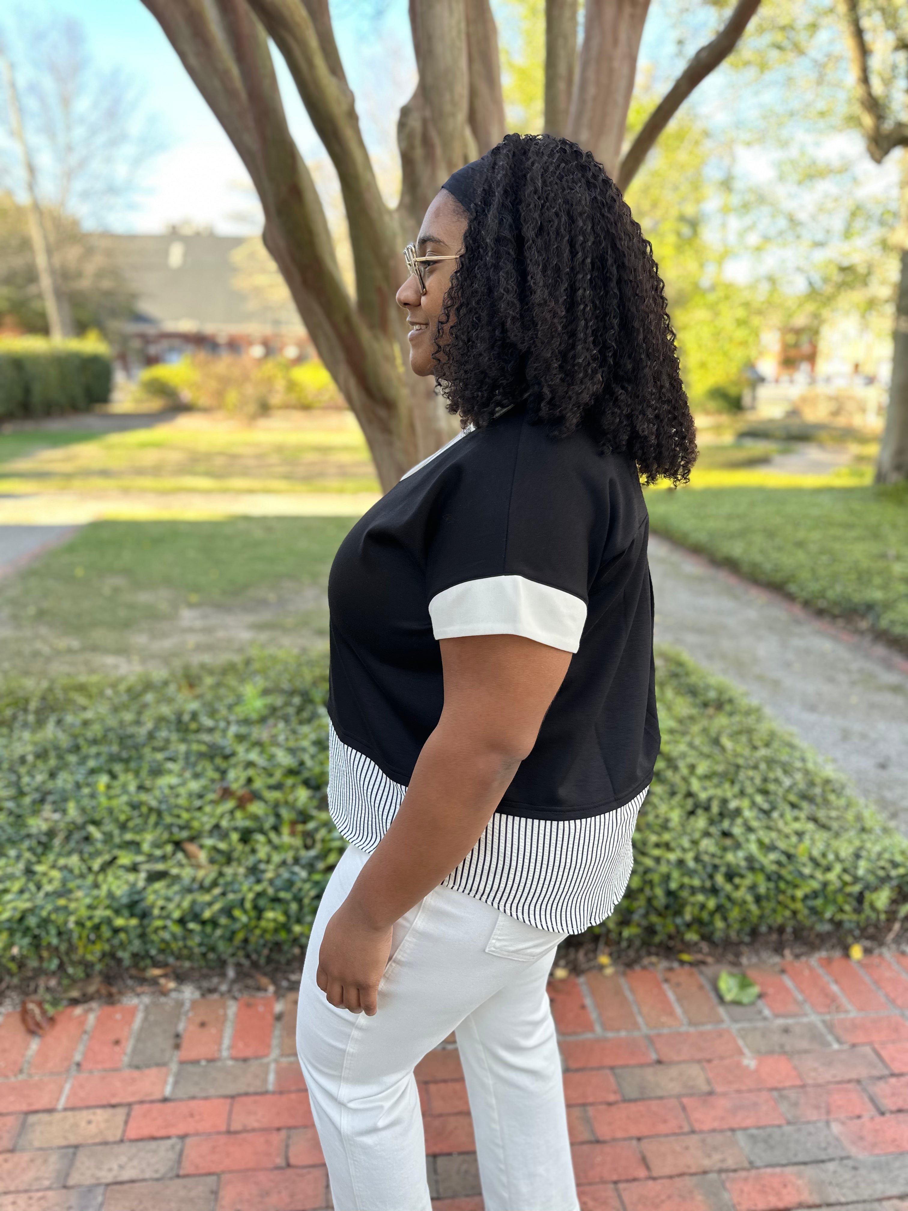 pink or black contrast top, drop shoulder blouse, striped hem top, casual chic blouse, relaxed fit top, boutique everyday top, black contrast blouse