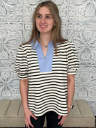 Contrast Collar Ribbed Stripe Top