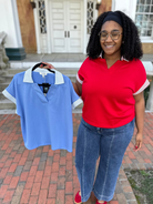 women’s striped collar top, contrast trim knit blouse, sporty chic women’s top, drop shoulder knit shirt, casual dressy women’s blouse, blue collared knit top, red collared knit top, comfortable stretch knit blouse, polished casual women’s fashion, boutique women’s tops