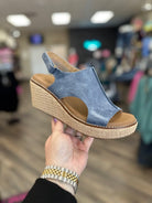 corkys wedges, corkys carley sandals, blue wedge sandals, comfortable wedge heels, casual wedges women, slingback wedges, summer platform sandals
