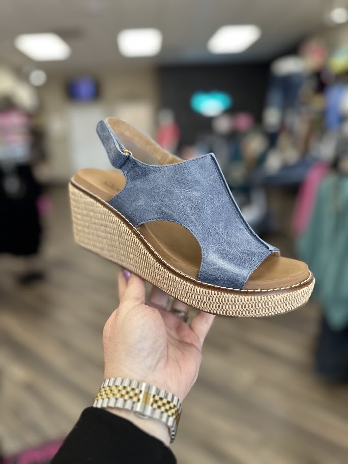 corkys wedges, corkys carley sandals, blue wedge sandals, comfortable wedge heels, casual wedges women, slingback wedges, summer platform sandals