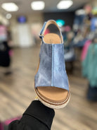 corkys wedges, corkys carley sandals, blue wedge sandals, comfortable wedge heels, casual wedges women, slingback wedges, summer platform sandals