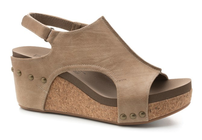 Corkys wedges, taupe wedge sandals, comfortable wedge shoes, women’s cork wedges, Carley wedge Corkys, everyday wedge sandal