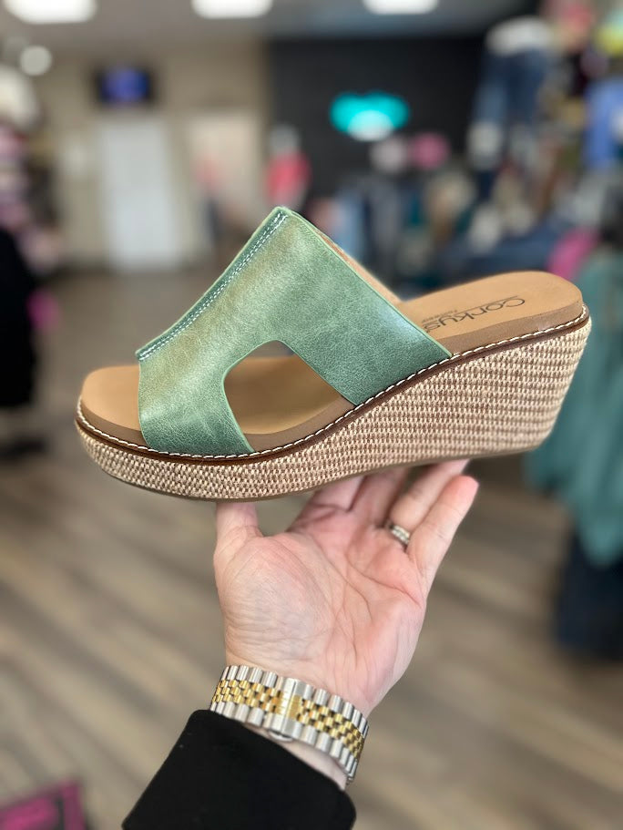 corkys wedges, green wedge sandals, corkys platform sandals, braided wedge shoes, comfortable wedges for women, corkys sandals, spring wedges, summer platform sandals