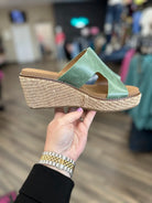 corkys wedges, green wedge sandals, corkys platform sandals, braided wedge shoes, comfortable wedges for women, corkys sandals, spring wedges, summer platform sandals