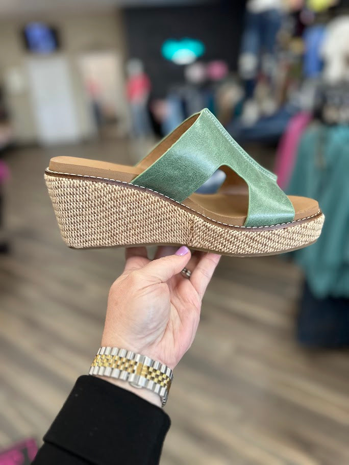 corkys wedges, green wedge sandals, corkys platform sandals, braided wedge shoes, comfortable wedges for women, corkys sandals, spring wedges, summer platform sandals